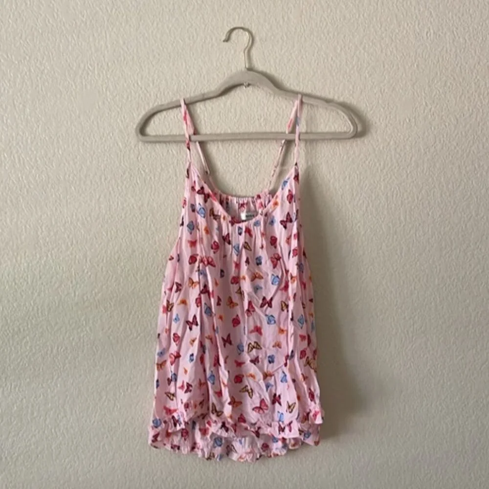 Kensie Camisole Top Scoop V Lounge Ruffle Tank Cottage Butterflies Pink